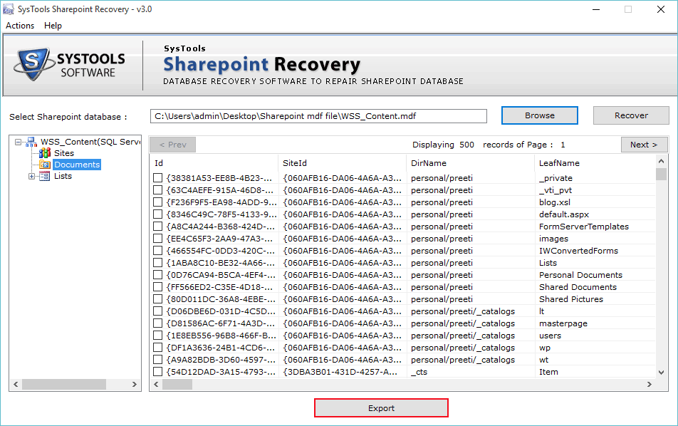 Previes the documents of repaired MDF file