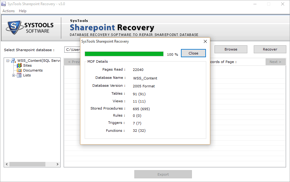 Dialog box showing the live status